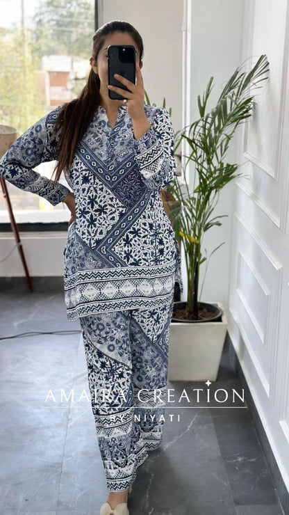 Reyon Fabric White & Blue Cordset