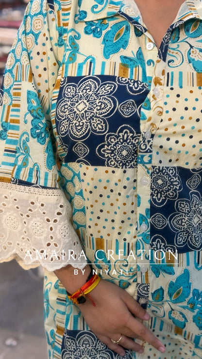 White And Blue Cotton Coord Set With Schiffli detailing Plazo