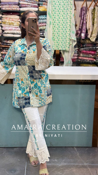 White And Blue Cotton Coord Set With Schiffli detailing Plazo