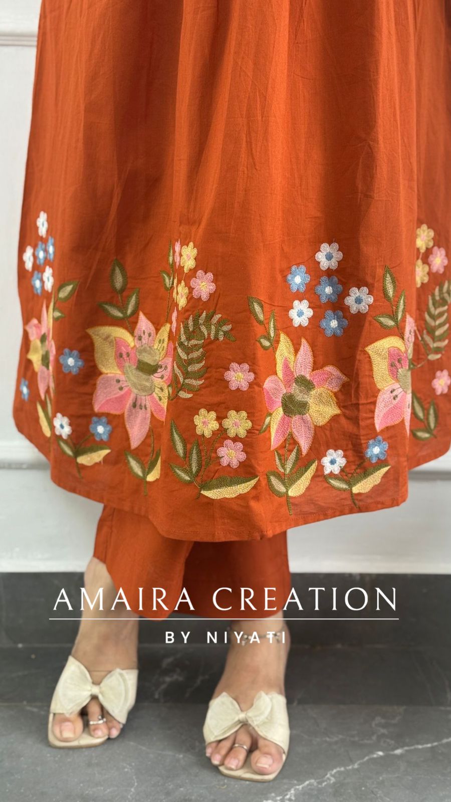 Rust A line Floral EmbroIderd Pant Set