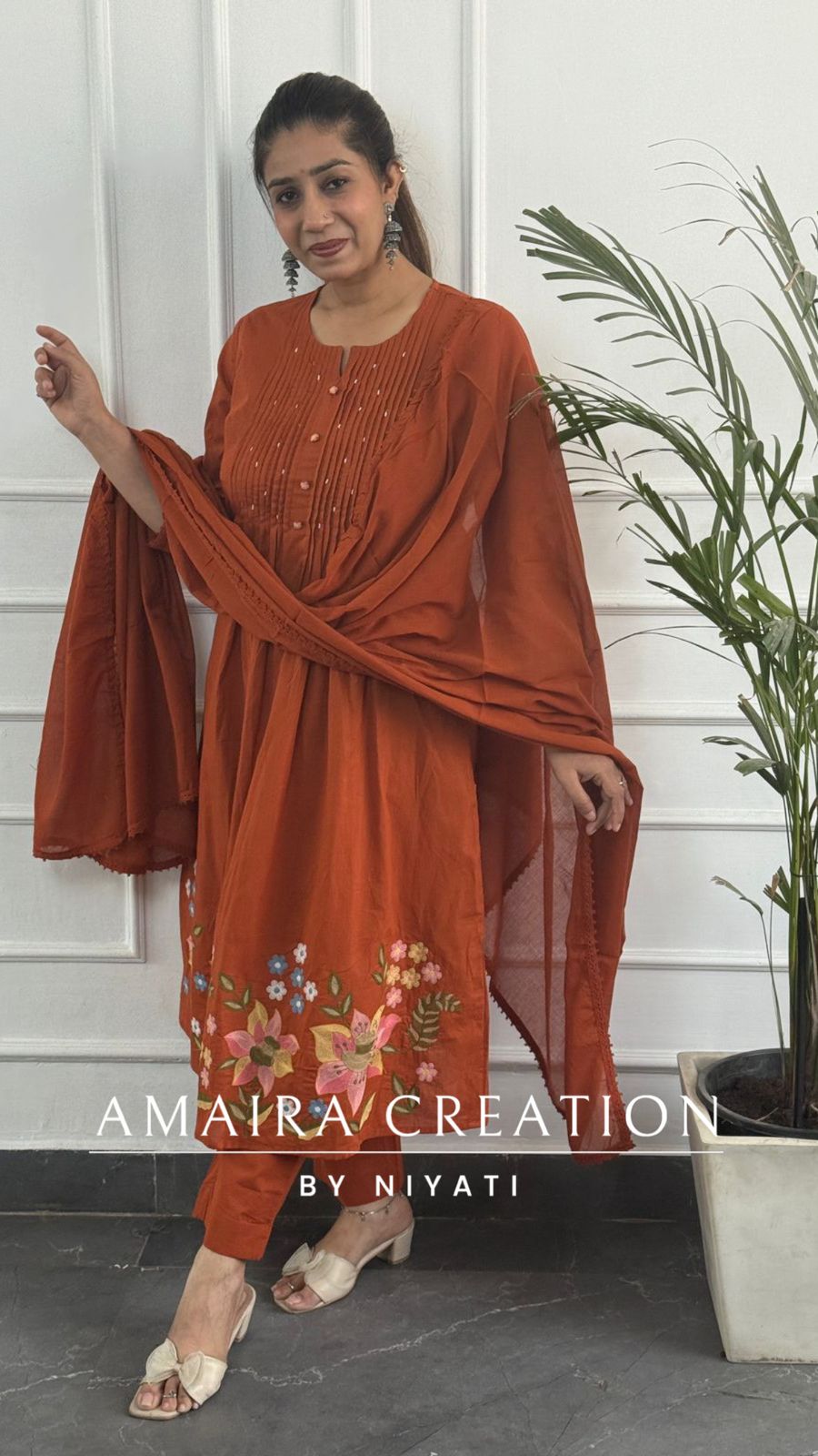 Rust A line Floral EmbroIderd Pant Set