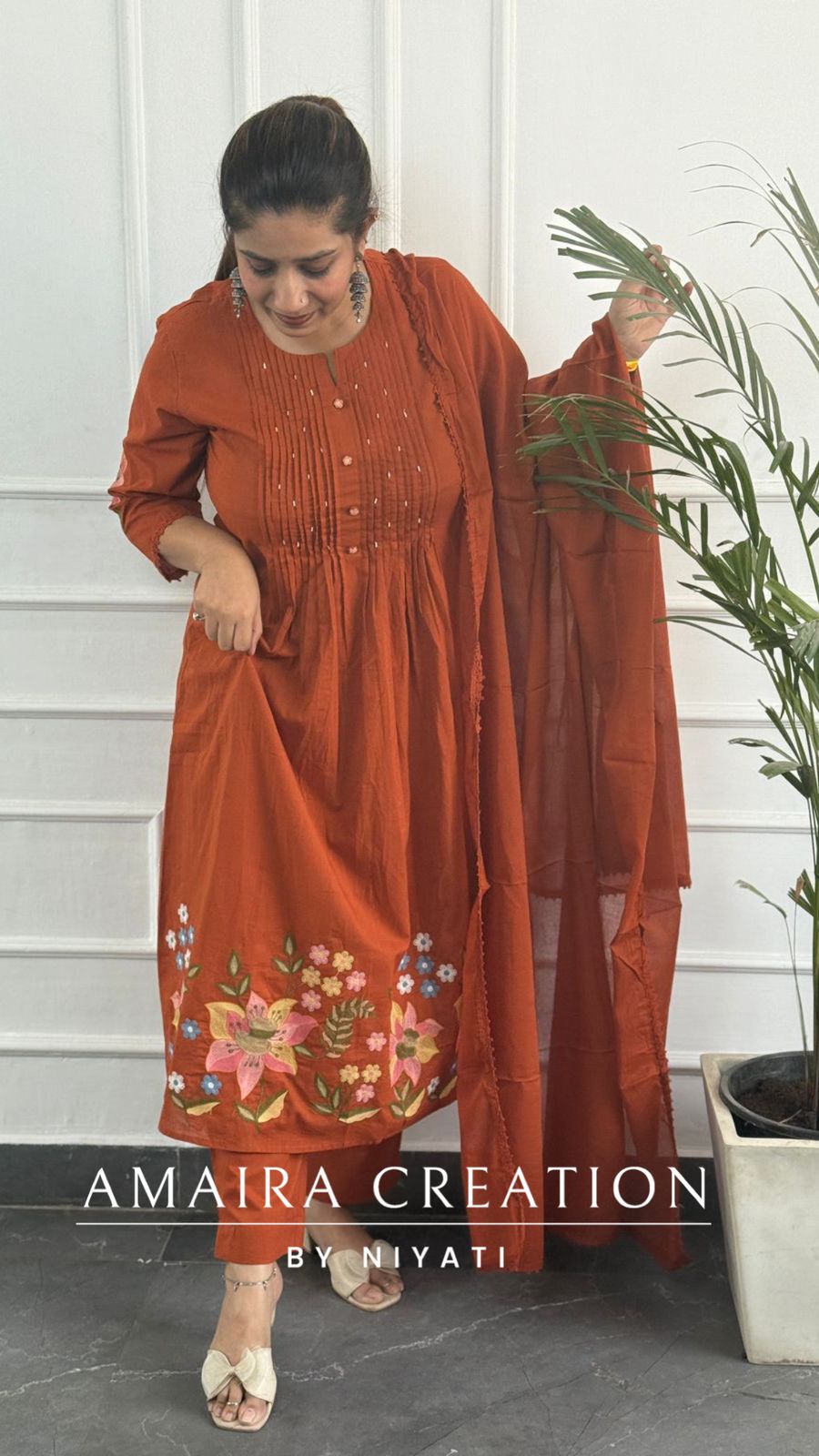 Rust A line Floral EmbroIderd Pant Set