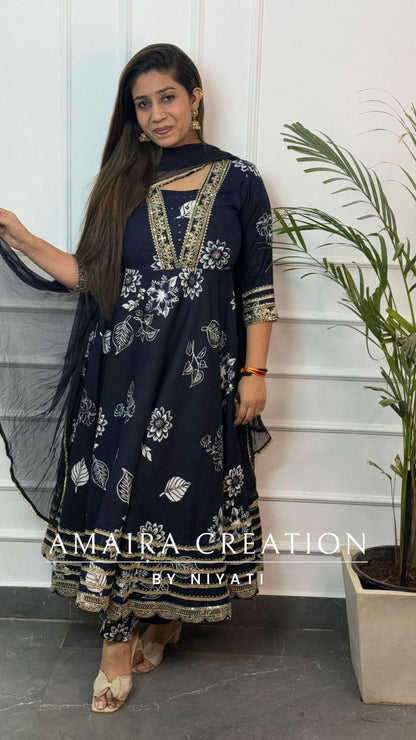 Navy Blue Reyon Anarkali Set