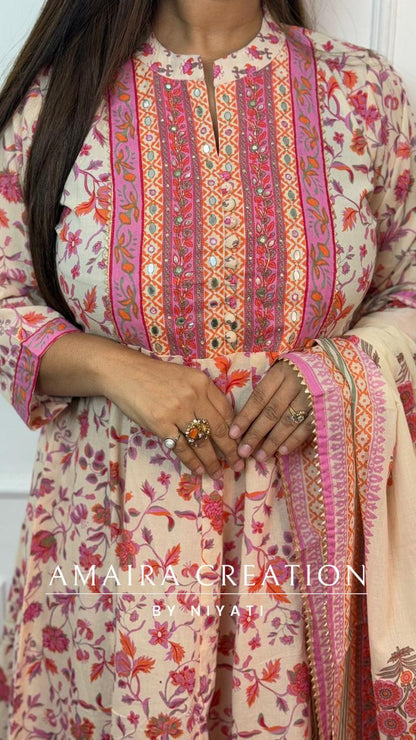 Cream Floral Print Cotton Anarkali Set