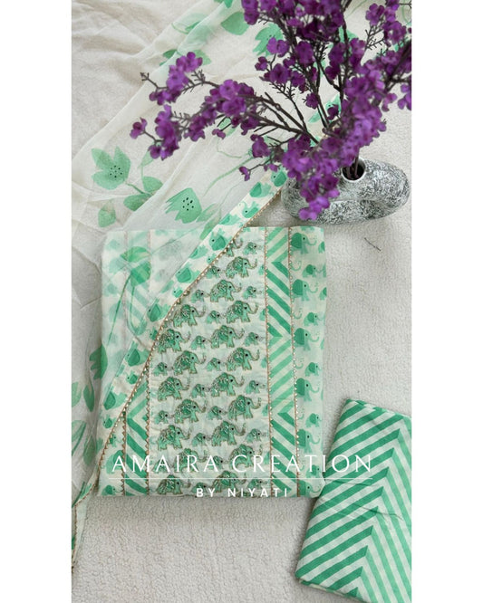 Beautiful Leaf Green Cotton Unstitch suit with Brush Print Chiffon Dupaata
