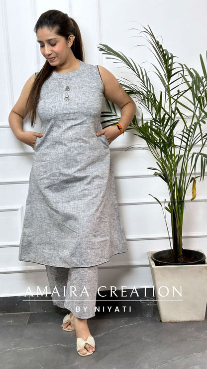 Grey Linen cotton A-Line Set(17inches sleeves available)