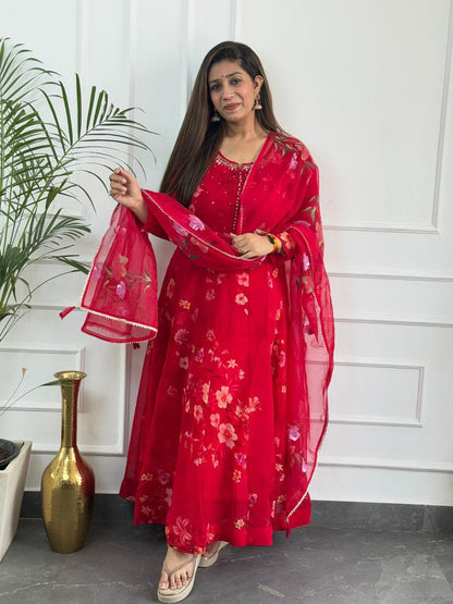 Vibrant Red Organza Anarkali Set
