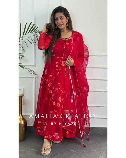 Vibrant Red Organza Anarkali Set