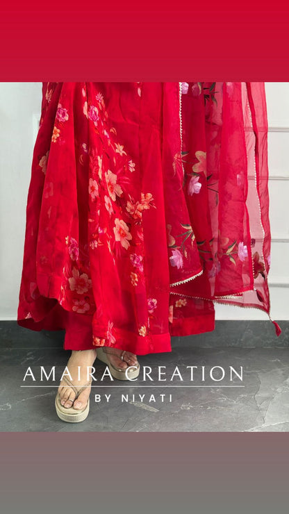 Vibrant Red Organza Anarkali Set