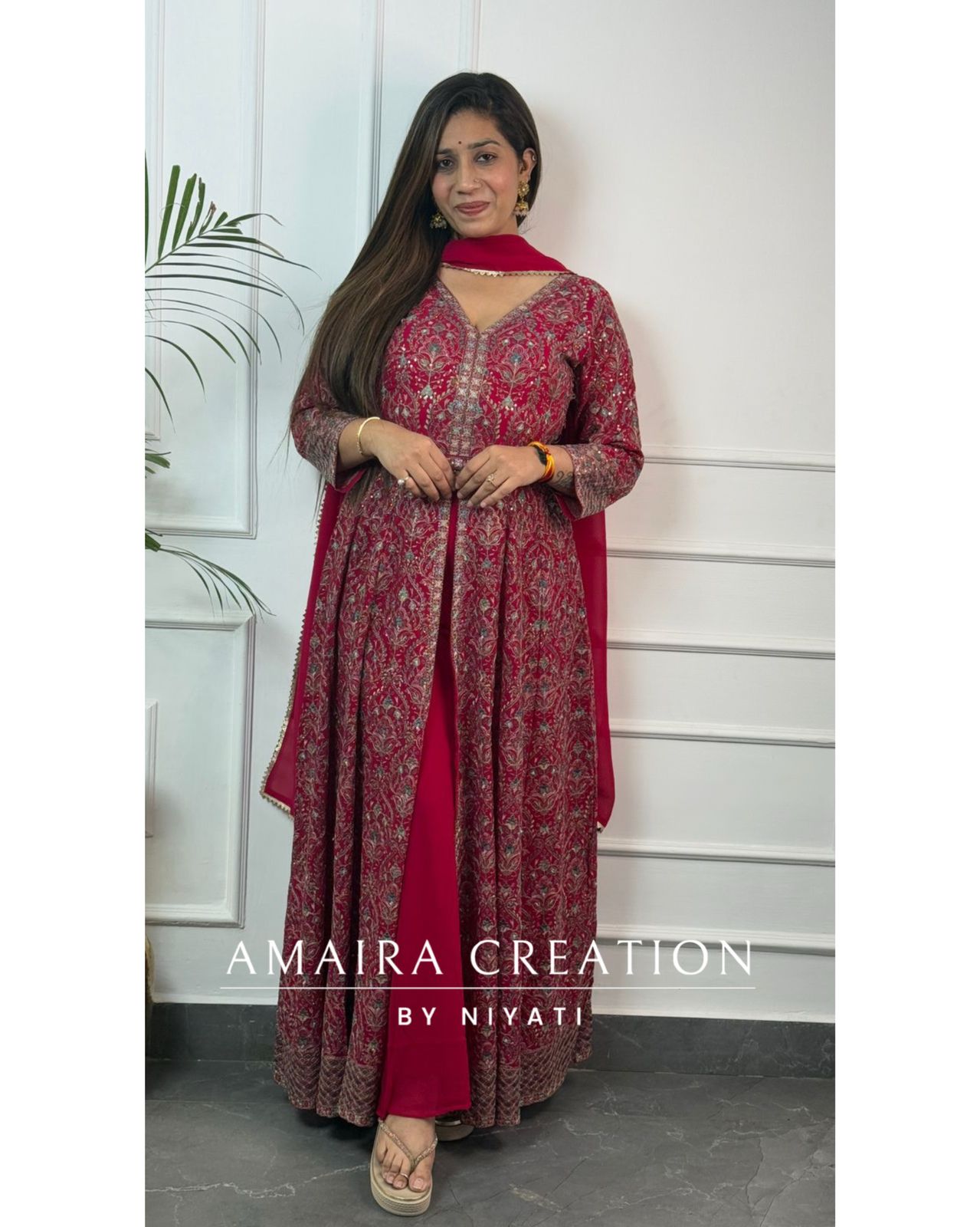 Thread Embroidered Georgette Fabric Centre Slit Anarakali Set