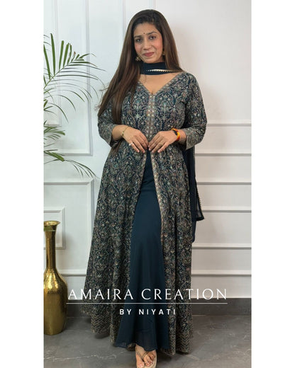 Thread Embroidered Georgette Fabric Centre Slit Anarakali Set