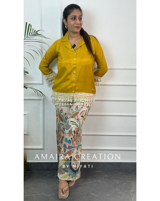 Ivory Mustard Printed Culotte Cord Set