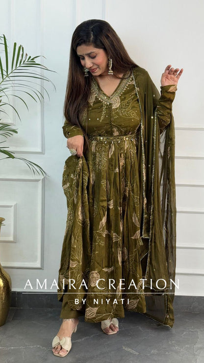 Dark Mehendi Green Full Flare Chinnon Anarkali Set