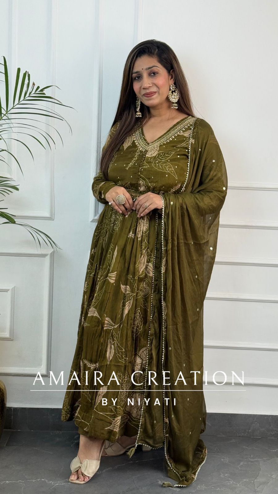 Dark Mehendi Green Full Flare Chinnon Anarkali Set