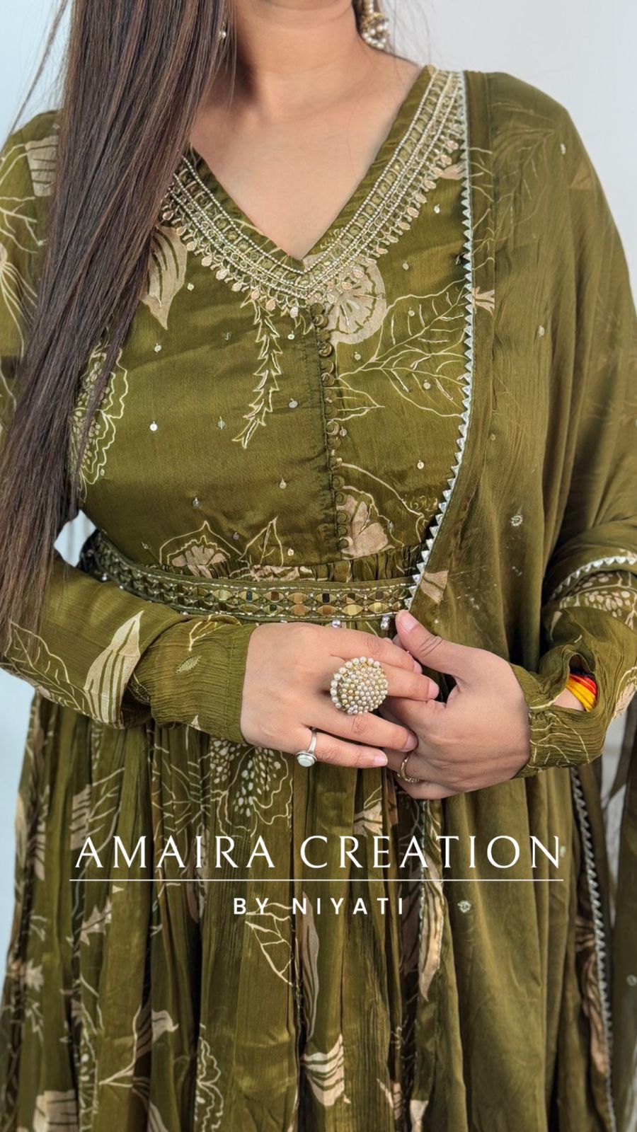 Dark Mehendi Green Full Flare Chinnon Anarkali Set
