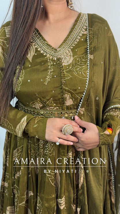 Dark Mehendi Green Full Flare Chinnon Anarkali Set