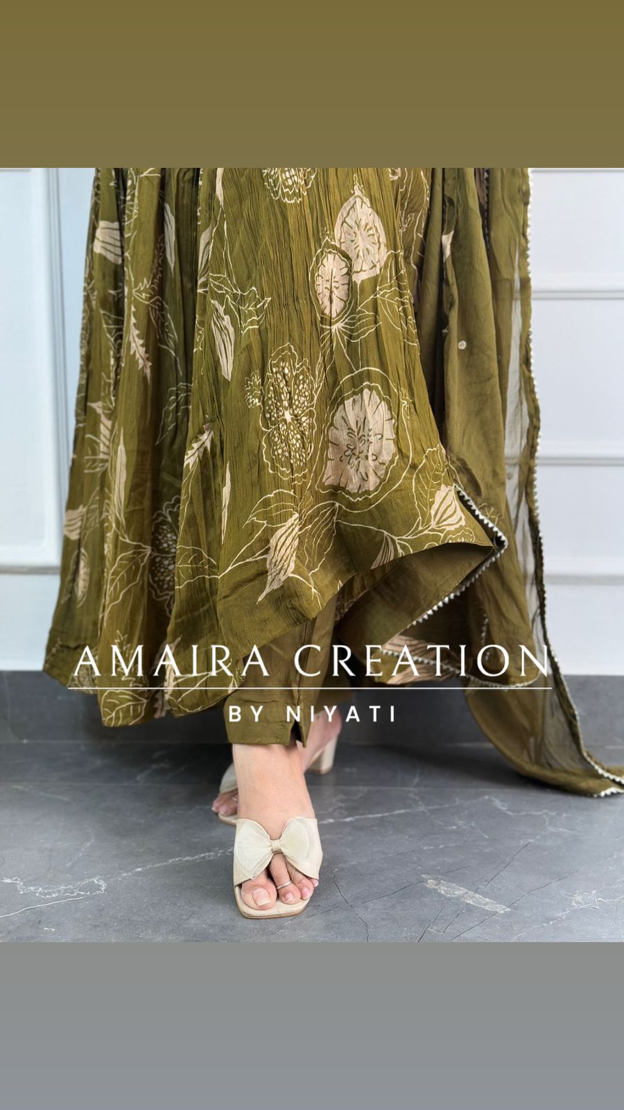 Dark Mehendi Green Full Flare Chinnon Anarkali Set