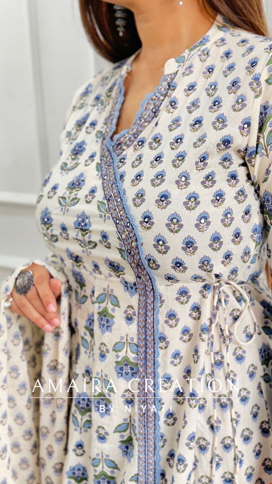White SkyBlue Angrakha A-Line Pant set