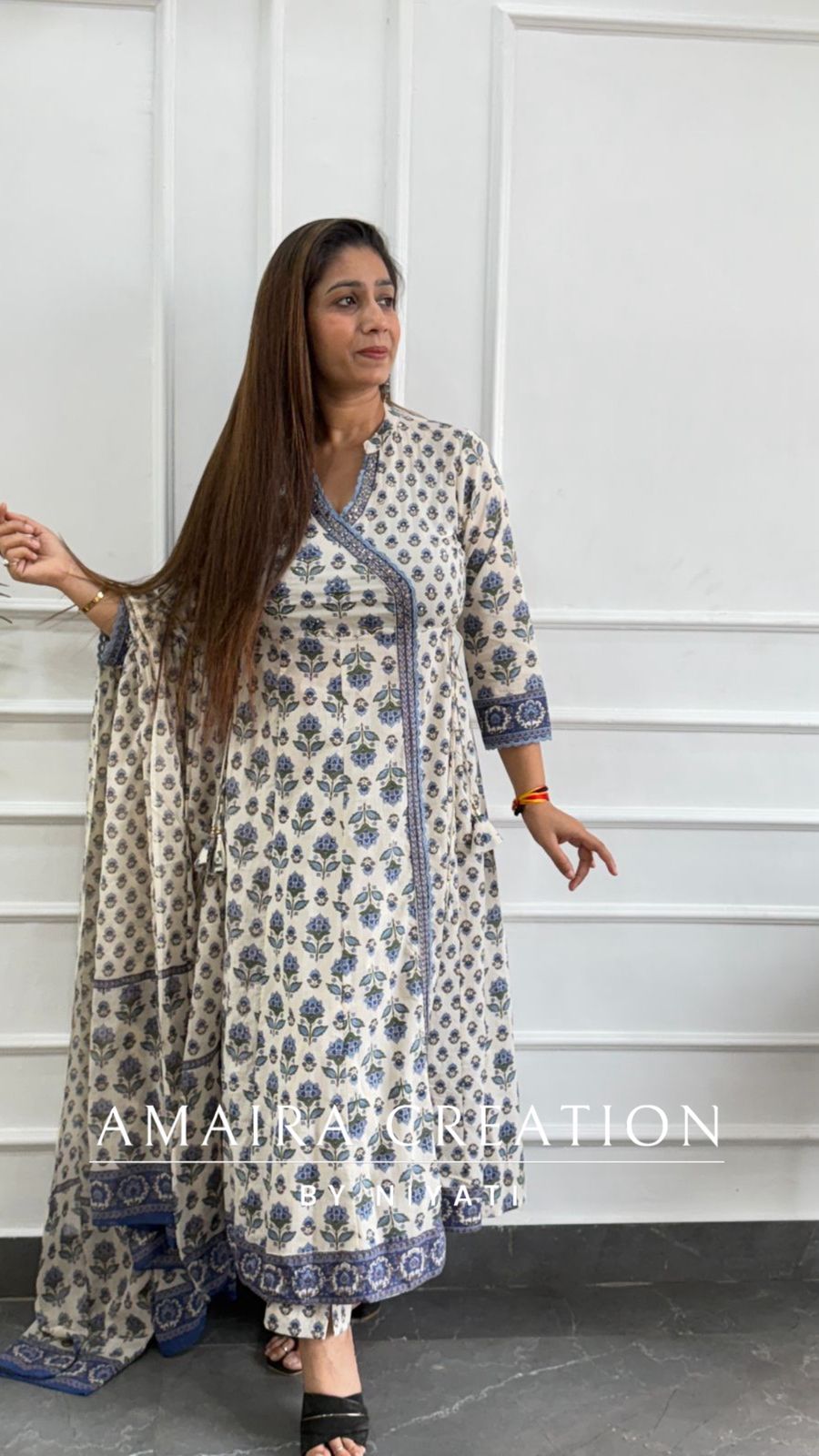 White SkyBlue Angrakha A-Line Pant set
