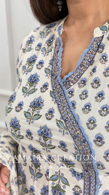 White SkyBlue Angrakha A-Line Pant set