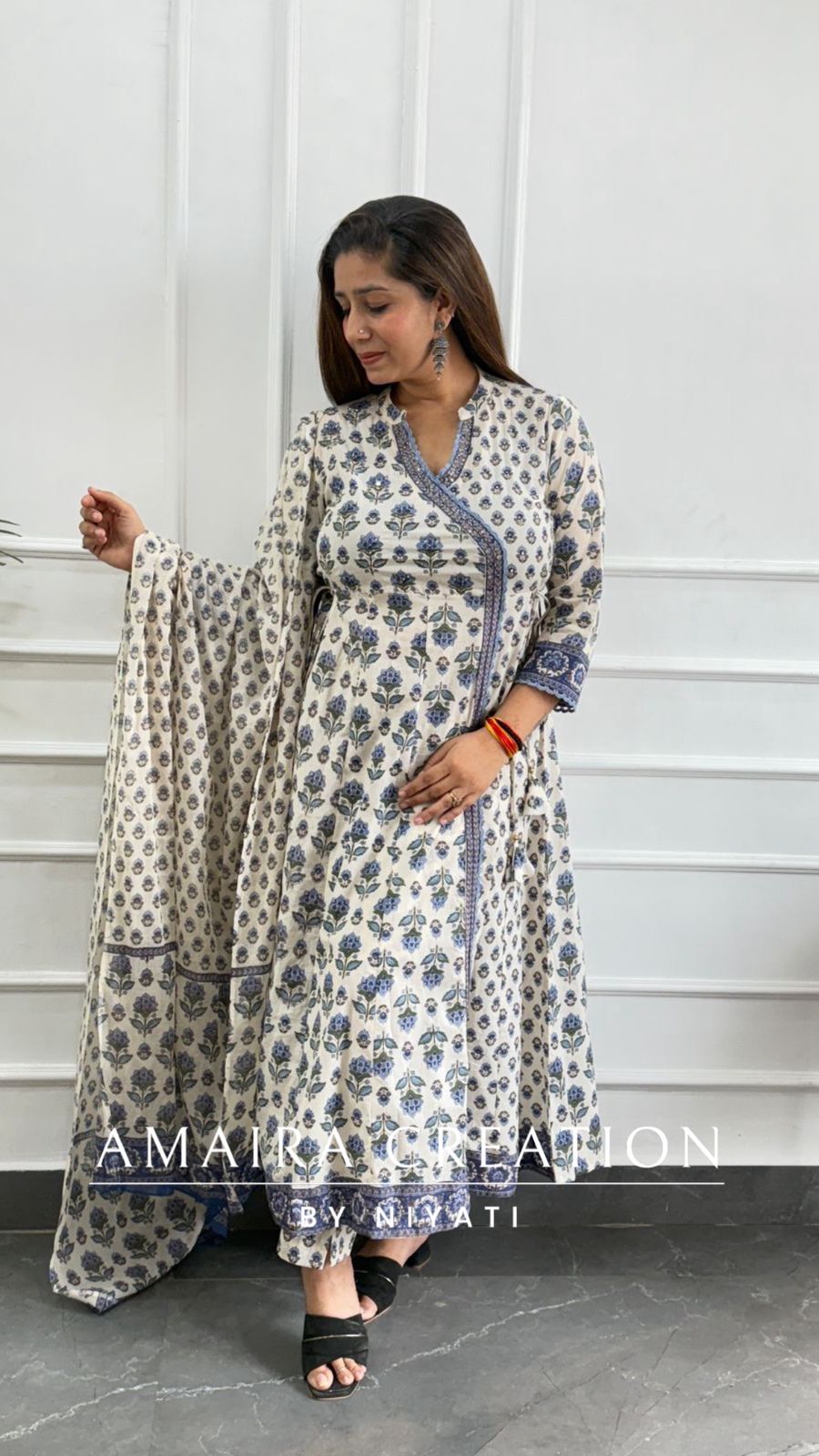 White SkyBlue Angrakha A-Line Pant set