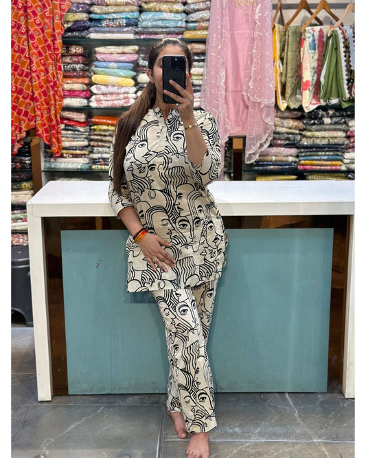 Beige Face Print Cotton Cord Set