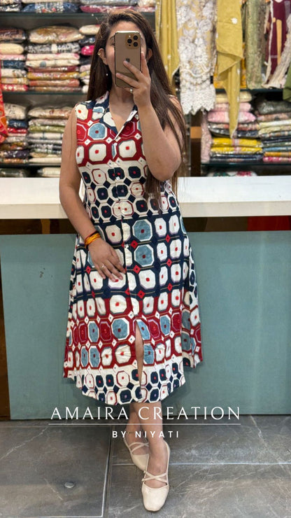 Premium Reyon Geometrical Print Dress(17inches Sleeves Availble)