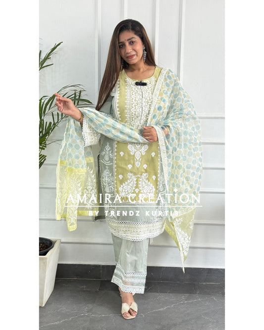 Pista Green Cotton Thread Embroidered Pakistani Suit
