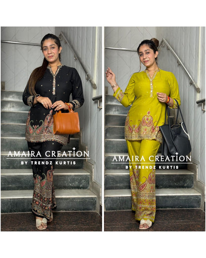 Black & Parrot Green Reyon Fabric Paisley Print Cord Set