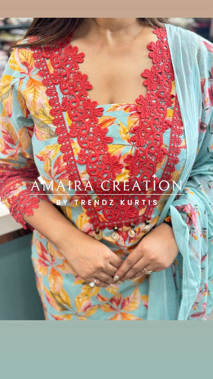 Floral Cotton Pakistani Suit With Beautiful Lace Detailing