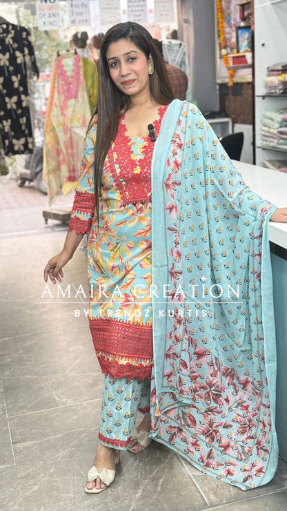Floral Cotton Pakistani Suit With Beautiful Lace Detailing