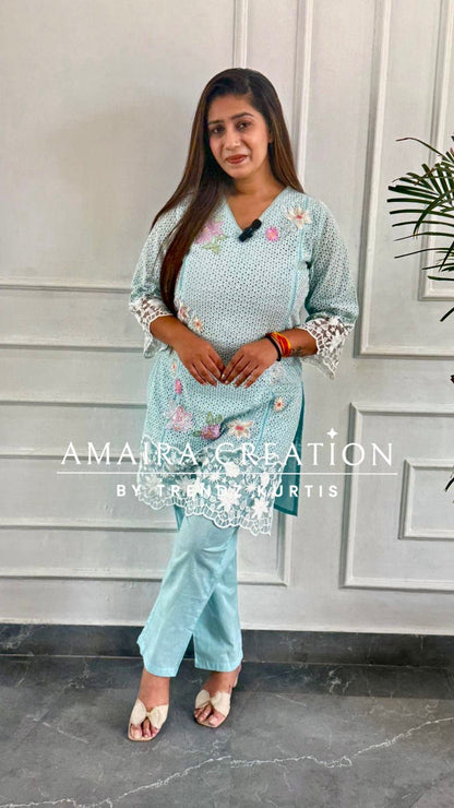 Beautiful Thread Embroidered Schiffli Cotton Cord Set with Organza Detailing