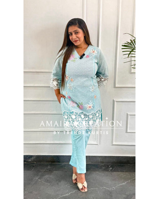 Beautiful Thread Embroidered Schiffli Cotton Cord Set with Organza Detailing