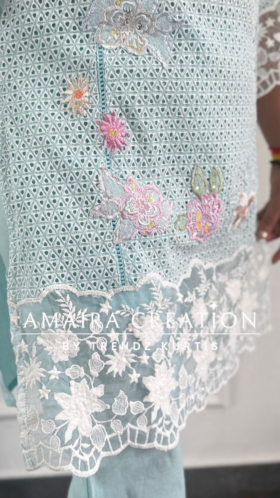 Beautiful Thread Embroidered Schiffli Cotton Cord Set with Organza Detailing