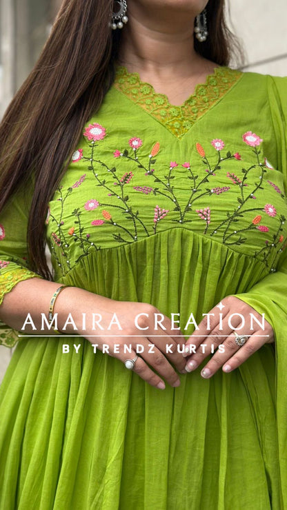 Parrot Green Alia Cut Beautiful Embroidery Set