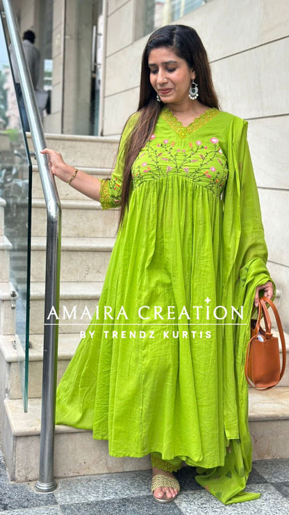 Parrot Green Alia Cut Beautiful Embroidery Set