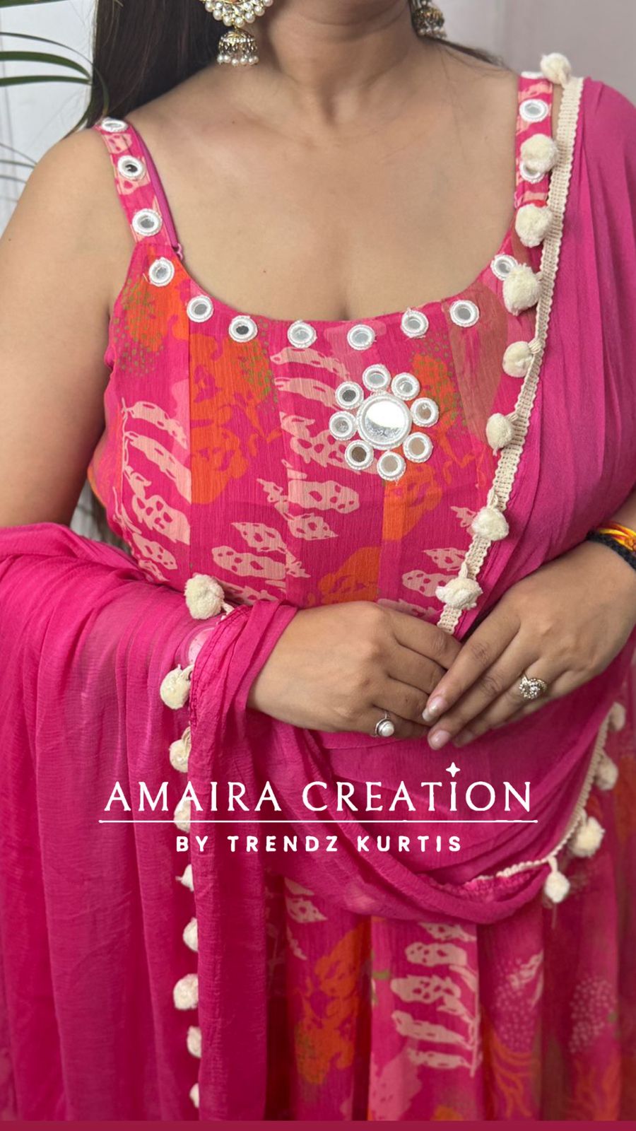 Pink Floral Print Chiffon Anarkali (9inches sleeves available)