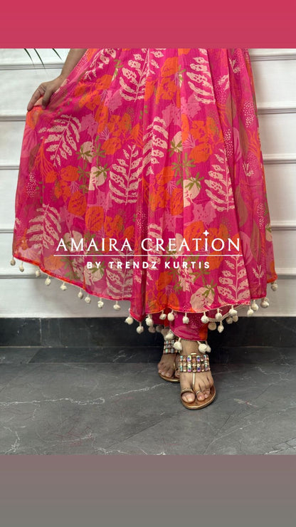 Pink Floral Print Chiffon Anarkali (9inches sleeves available)