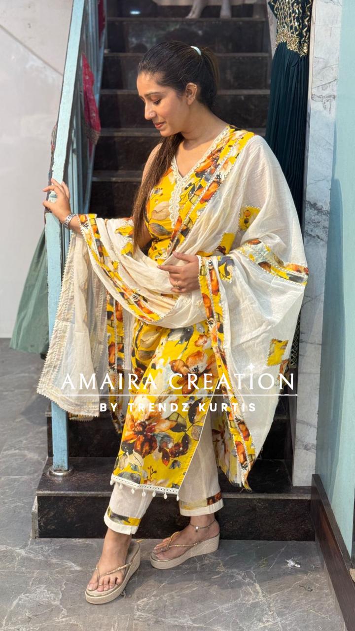 Premium Cotton Sea Shells Detailing Yellow Suit with Beautiful Dupaata(17inches sleeves available)