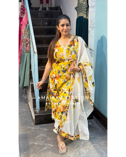 Premium Cotton Sea Shells Detailing Yellow Suit with Beautiful Dupaata(17inches sleeves available)