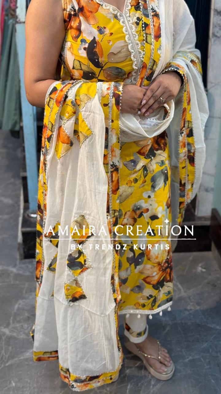 Premium Cotton Sea Shells Detailing Yellow Suit with Beautiful Dupaata(17inches sleeves available)