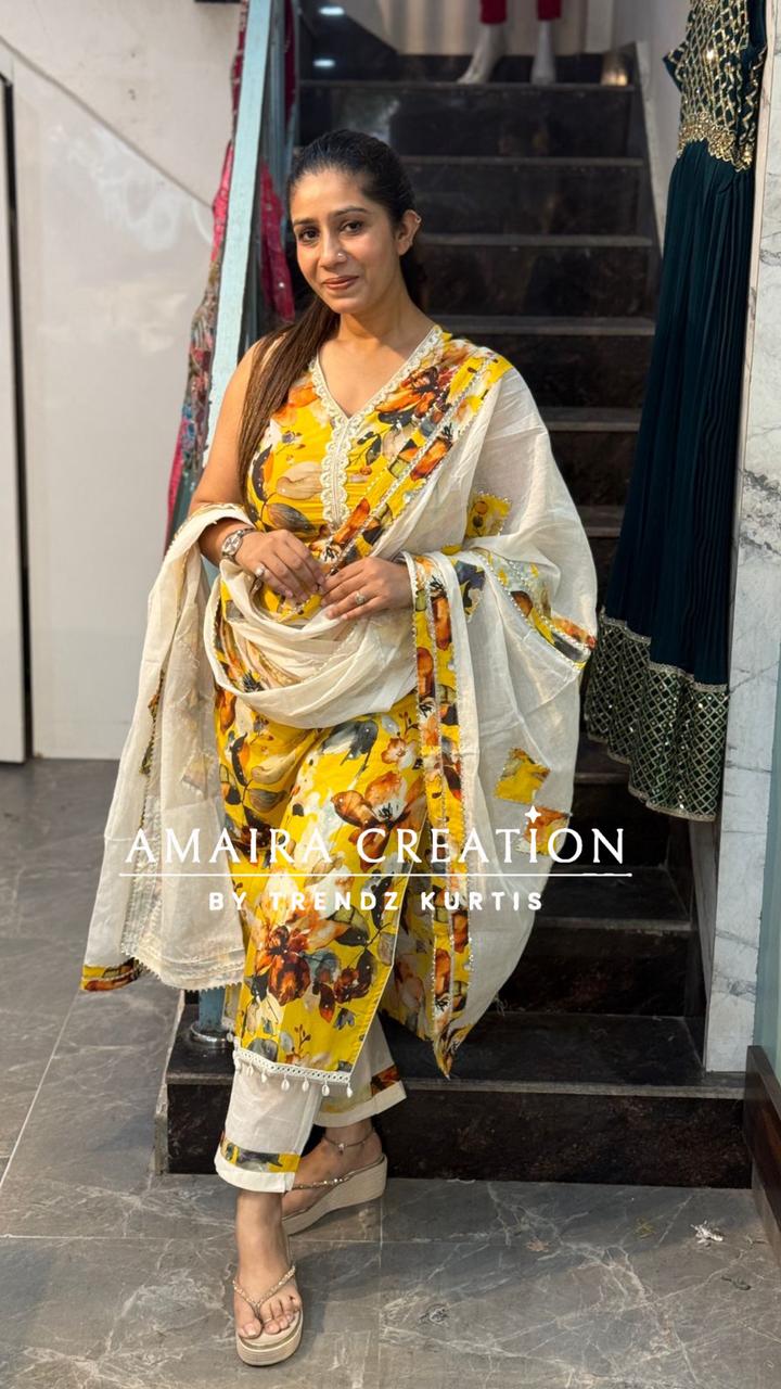 Premium Cotton Sea Shells Detailing Yellow Suit with Beautiful Dupaata(17inches sleeves available)