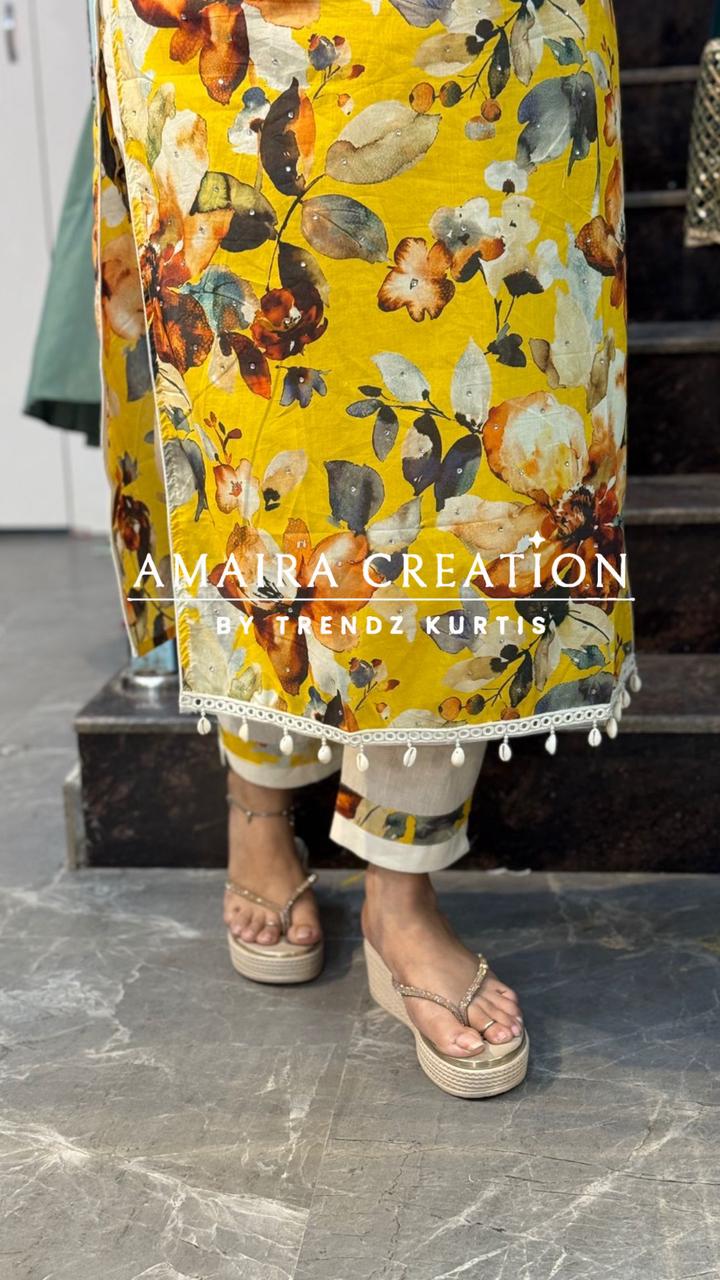 Premium Cotton Sea Shells Detailing Yellow Suit with Beautiful Dupaata(17inches sleeves available)