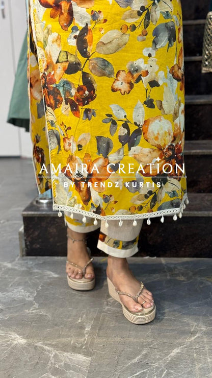 Premium Cotton Sea Shells Detailing Yellow Suit with Beautiful Dupaata(17inches sleeves available)