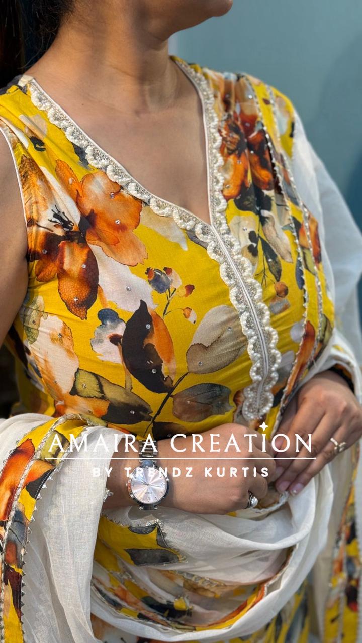 Premium Cotton Sea Shells Detailing Yellow Suit with Beautiful Dupaata(17inches sleeves available)
