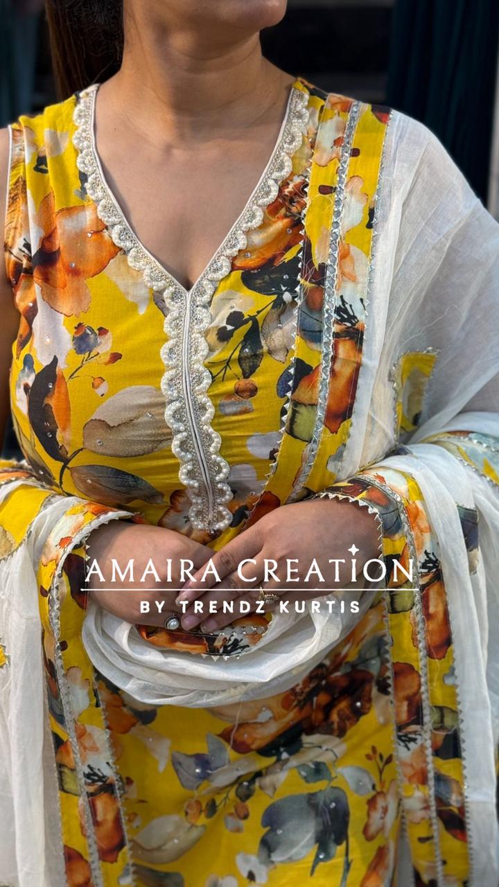 Premium Cotton Sea Shells Detailing Yellow Suit with Beautiful Dupaata(17inches sleeves available)