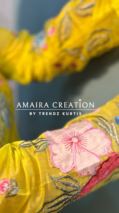 Neon Green Mull Chanderi Indowestern Set with Beautiful Floral Embroidery Detailing
