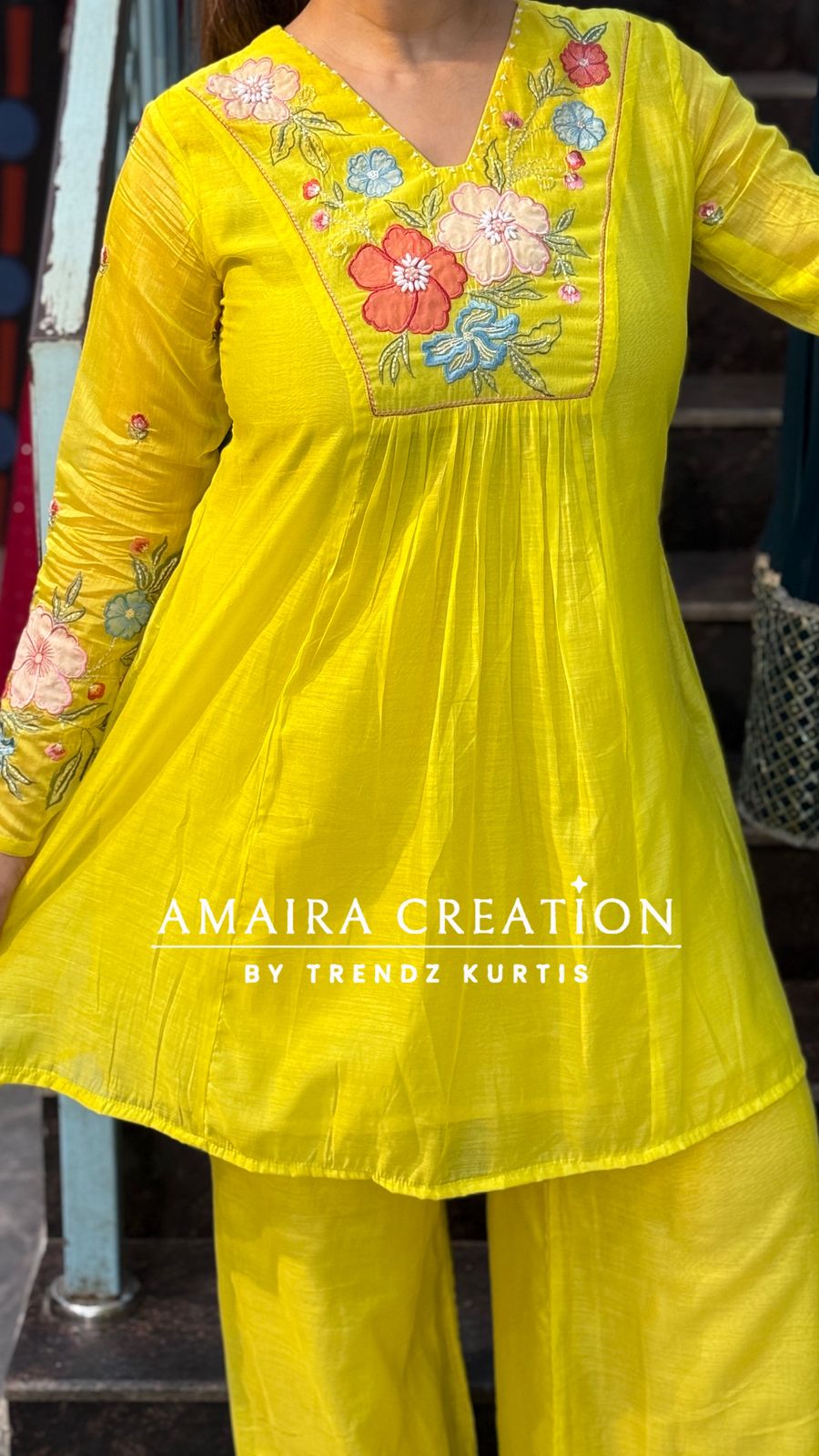 Neon Green Mull Chanderi Indowestern Set with Beautiful Floral Embroidery Detailing