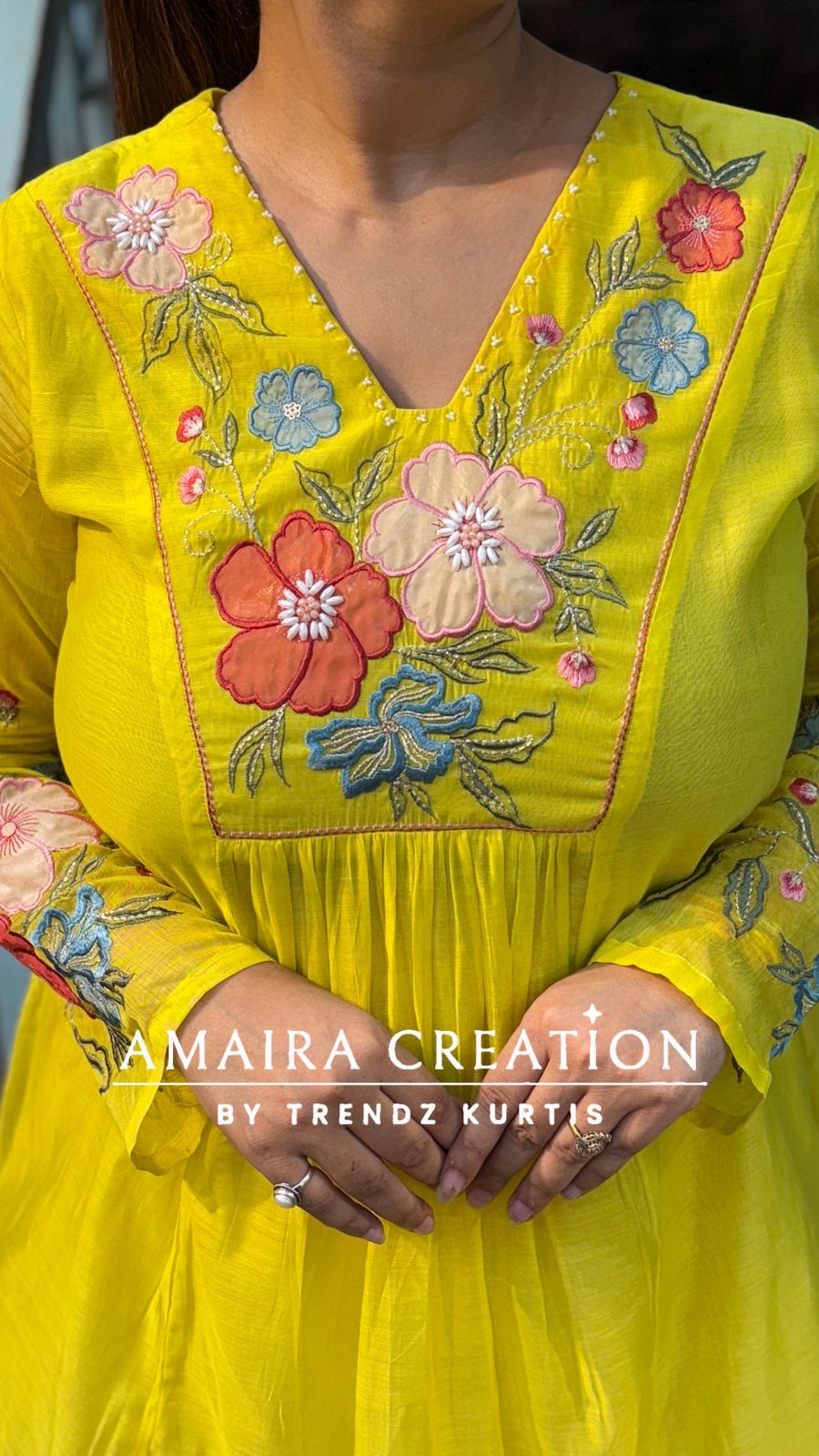 Neon Green Mull Chanderi Indowestern Set with Beautiful Floral Embroidery Detailing