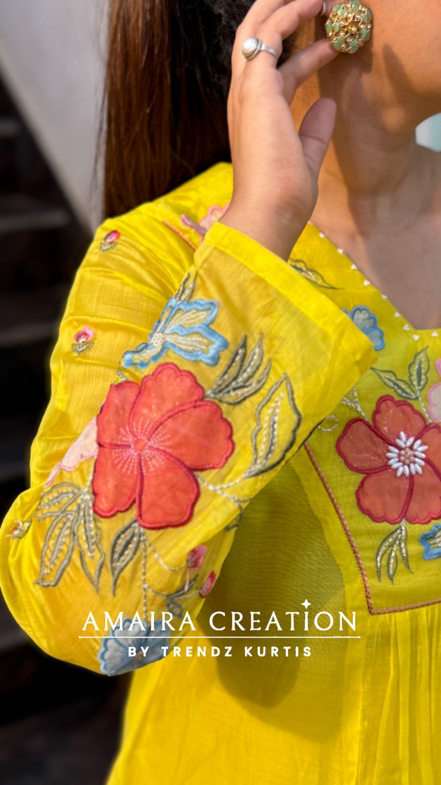 Neon Green Mull Chanderi Indowestern Set with Beautiful Floral Embroidery Detailing
